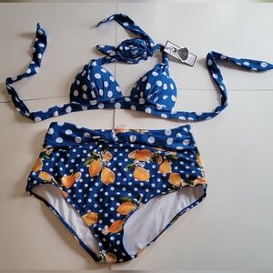 NWT Retro Stage Bikini. Blue With Whit Polka Dots and lemons. Woman's Sz. XL.